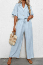 Drop Shoulder Tie Front Wide Leg Pant Set | Mixtshop LLC