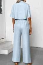Drop Shoulder Tie Front Wide Leg Pant Set | Mixtshop LLC