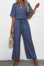 Drop Shoulder Tie Front Wide Leg Pant Set | Mixtshop LLC