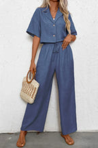 Drop Shoulder Tie Front Wide Leg Pant Set | Mixtshop LLC