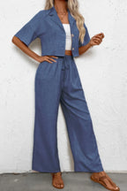 Drop Shoulder Tie Front Wide Leg Pant Set | Mixtshop LLC