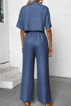 Drop Shoulder Tie Front Wide Leg Pant Set | Mixtshop LLC