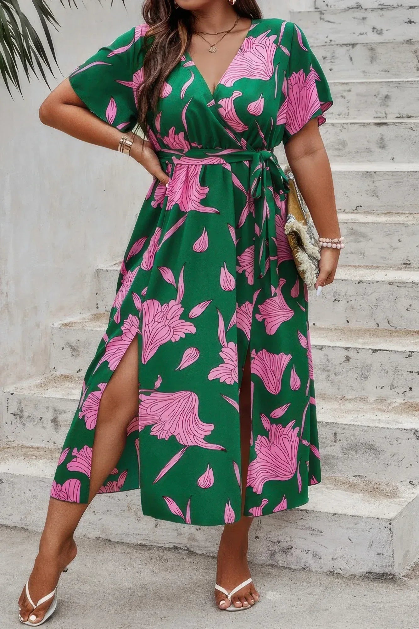 Plus Floral Short Sleeve Split Belted Midi Dress | Mixtshop LLC Main image