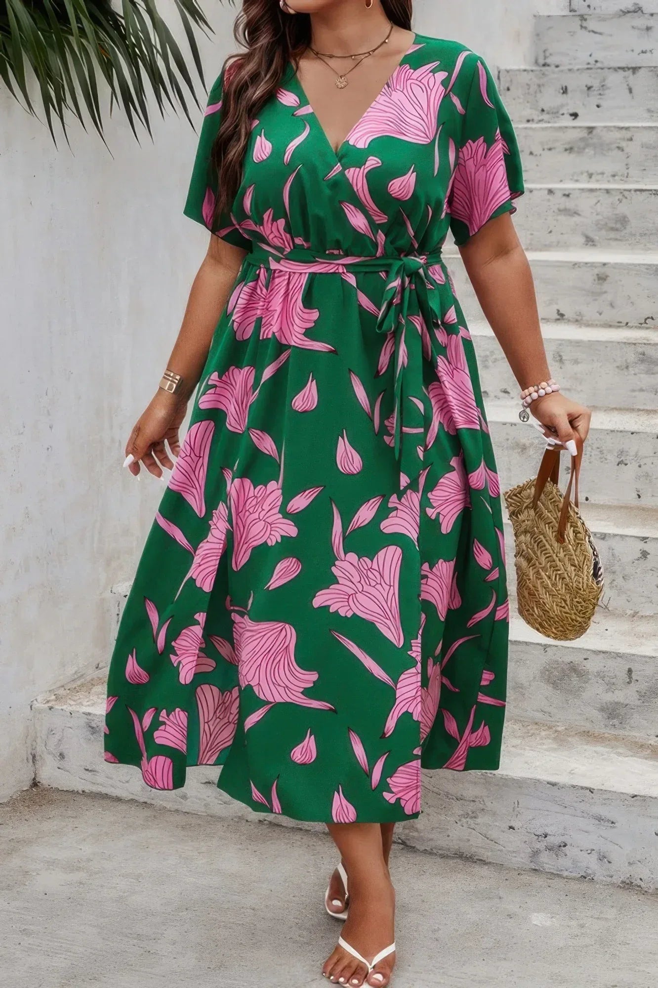 Plus Floral Short Sleeve Split Belted Midi Dress Secondary image