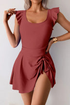 Solid Ruffle Knot Square Neck Fit Swim Dresses | Mixtshop LLC