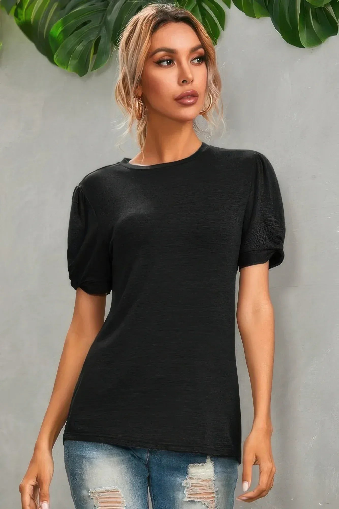 Solid Round Neck Puff Sleeve T-shirt | Mixtshop LLC Main image