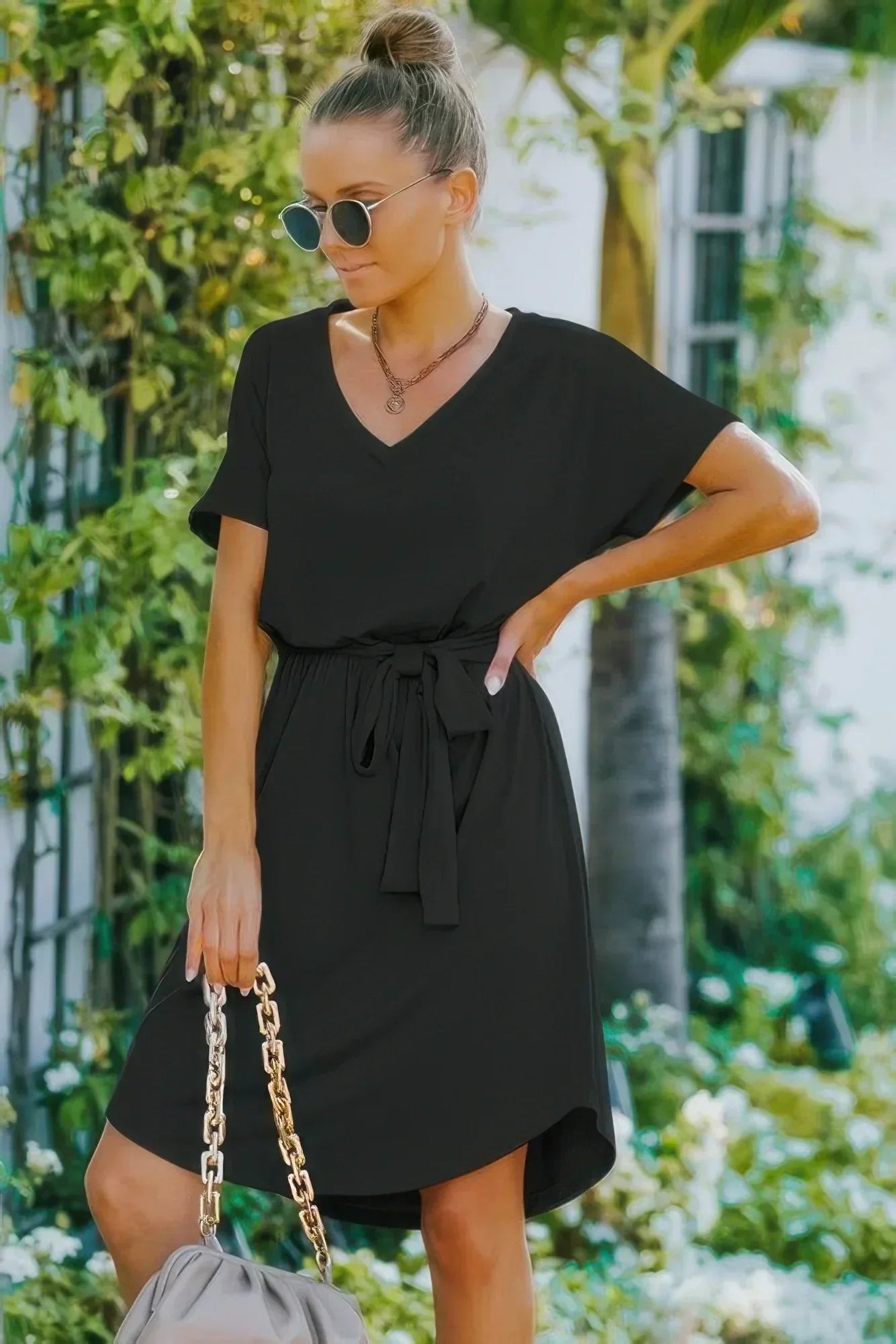 V Neck Waist Tie Solid A Line Dress | Mixtshop LLC Main image