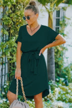 V Neck Waist Tie Solid A Line Dress | Mixtshop LLC