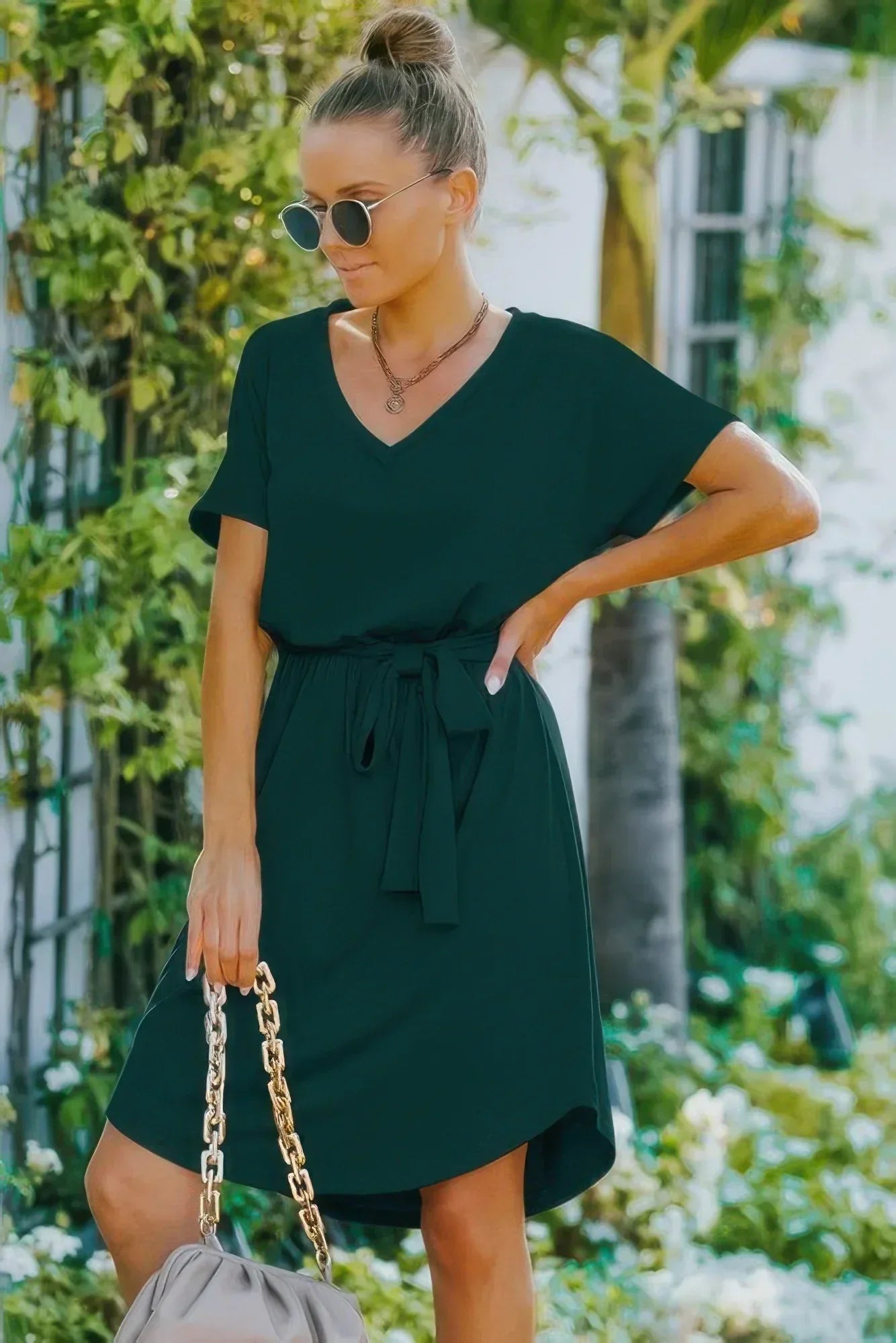 V Neck Waist Tie Solid A Line Dress | Mixtshop LLC