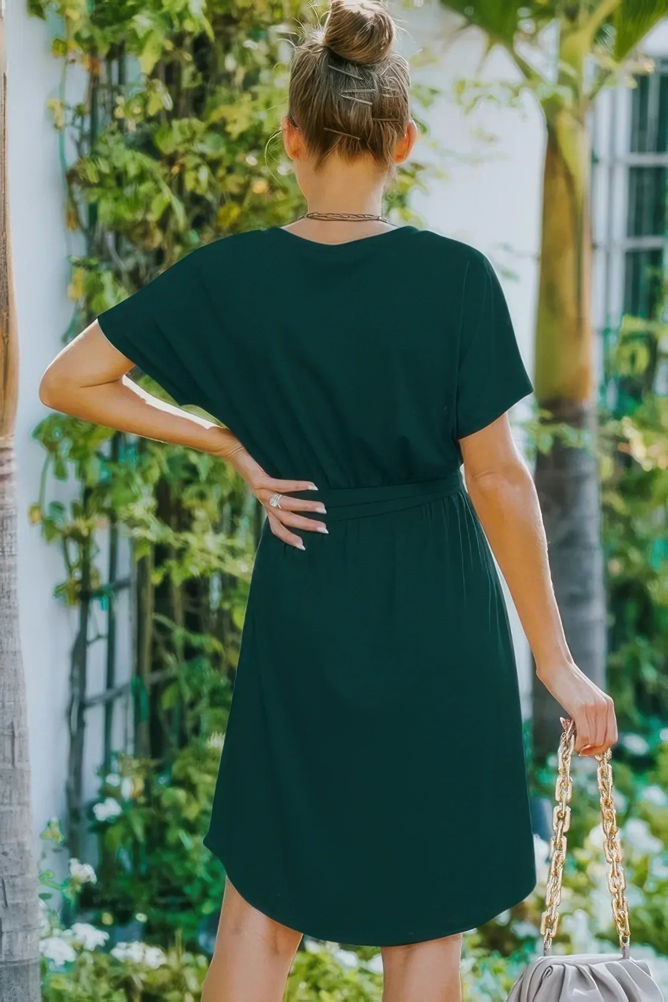 V Neck Waist Tie Solid A Line Dress | Mixtshop LLC