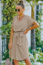 V Neck Waist Tie Solid A Line Dress | Mixtshop LLC