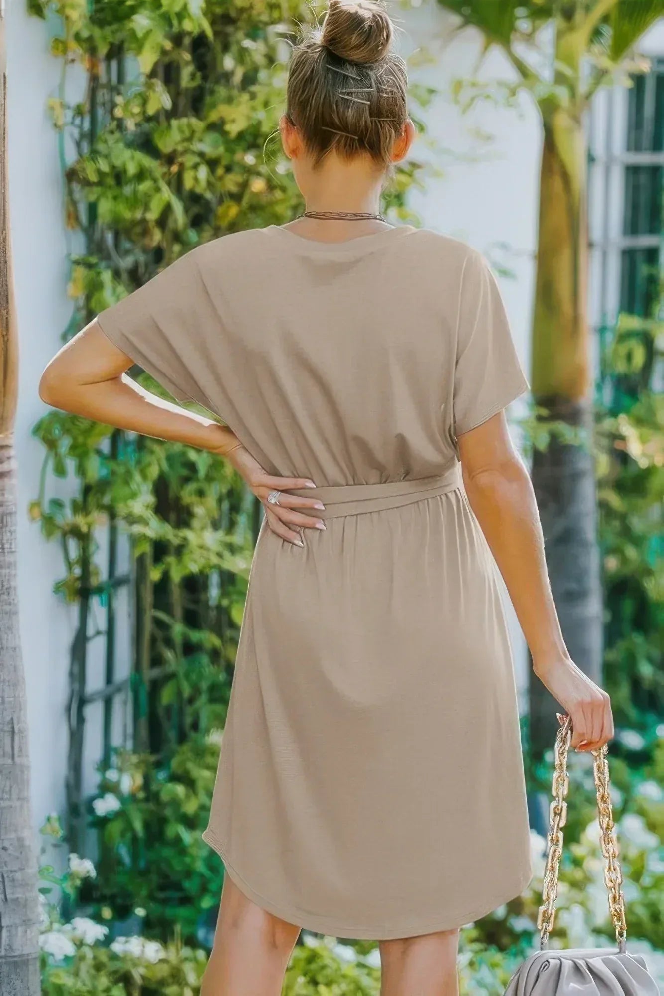 V Neck Waist Tie Solid A Line Dress | Mixtshop LLC