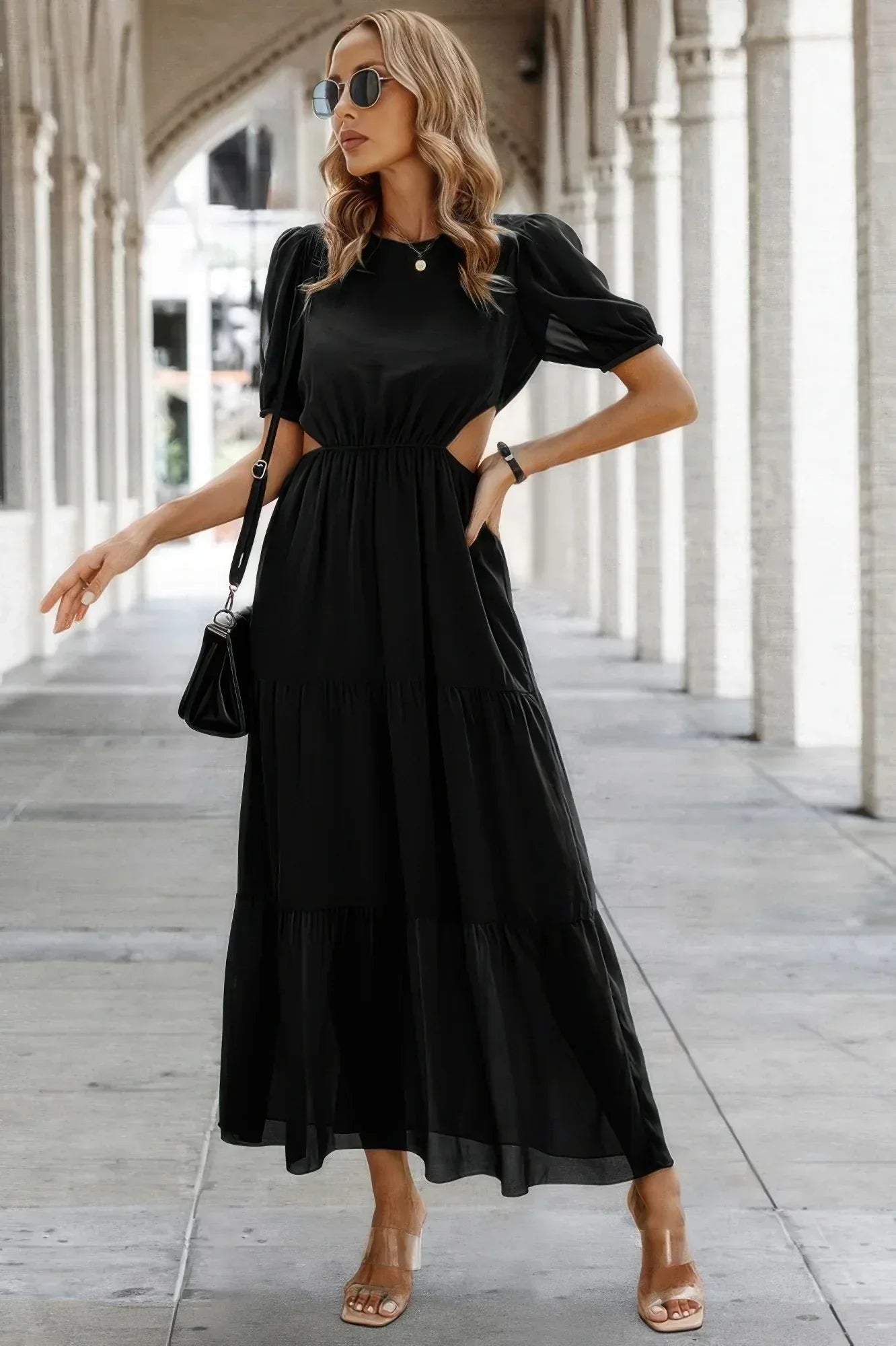 Cut Out Waist Ruffle Hem Puff Sleeves Fit Dress | Mixtshop LLC Main image