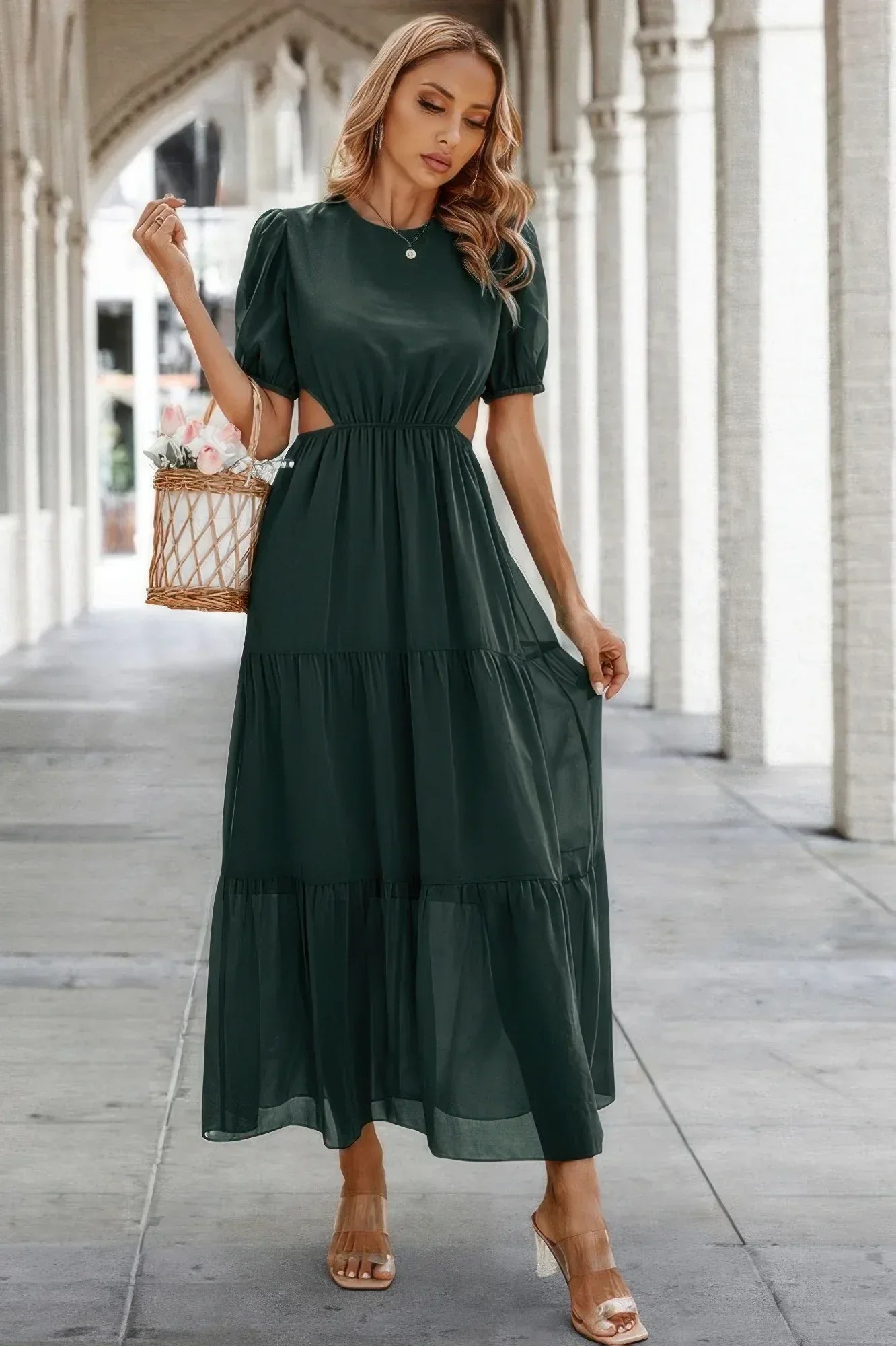 Cut Out Waist Ruffle Hem Puff Sleeves Fit Dress | Mixtshop LLC