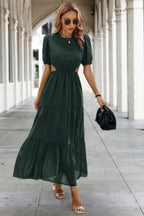 Cut Out Waist Ruffle Hem Puff Sleeves Fit Dress | Mixtshop LLC