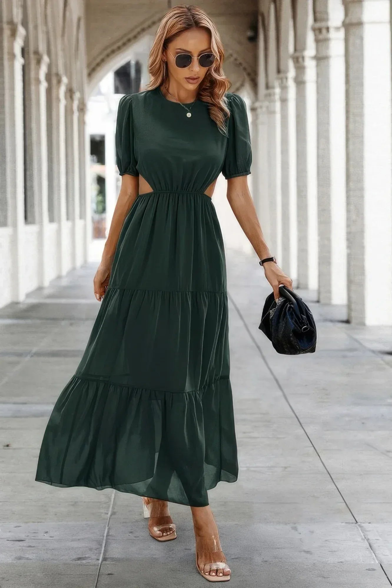 Cut Out Waist Ruffle Hem Puff Sleeves Fit Dress | Mixtshop LLC