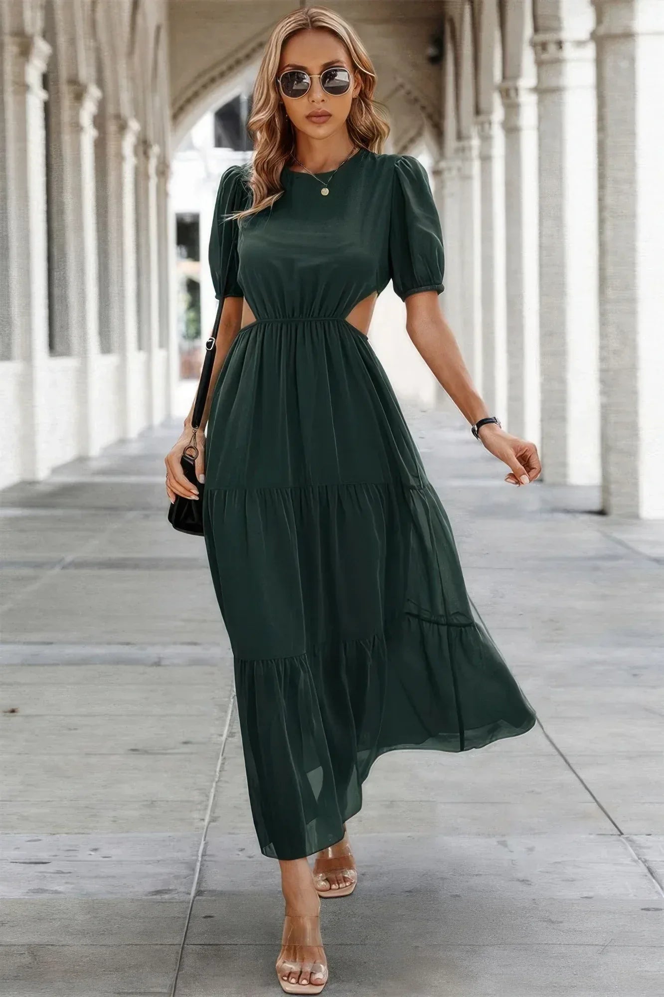 Cut Out Waist Ruffle Hem Puff Sleeves Fit Dress | Mixtshop LLC
