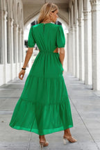 Cut Out Waist Ruffle Hem Puff Sleeves Fit Dress | Mixtshop LLC