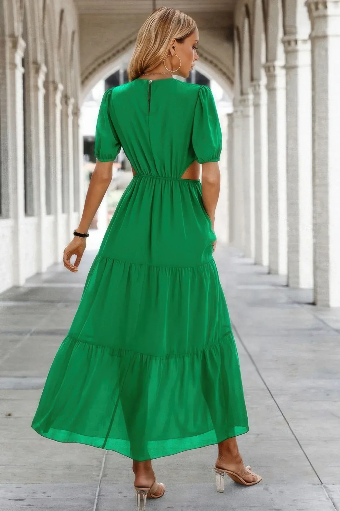 Cut Out Waist Ruffle Hem Puff Sleeves Fit Dress | Mixtshop LLC