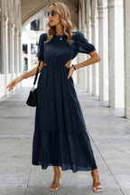Cut Out Waist Ruffle Hem Puff Sleeves Fit Dress | Mixtshop LLC