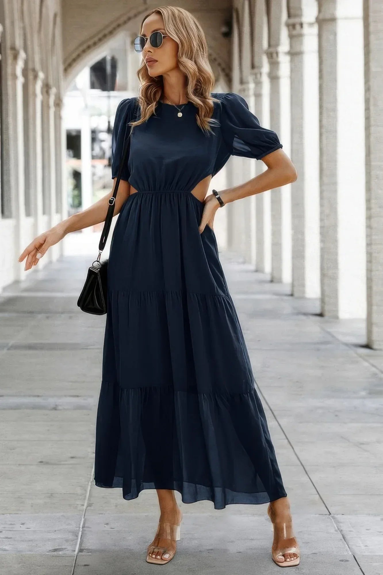 Cut Out Waist Ruffle Hem Puff Sleeves Fit Dress | Mixtshop LLC