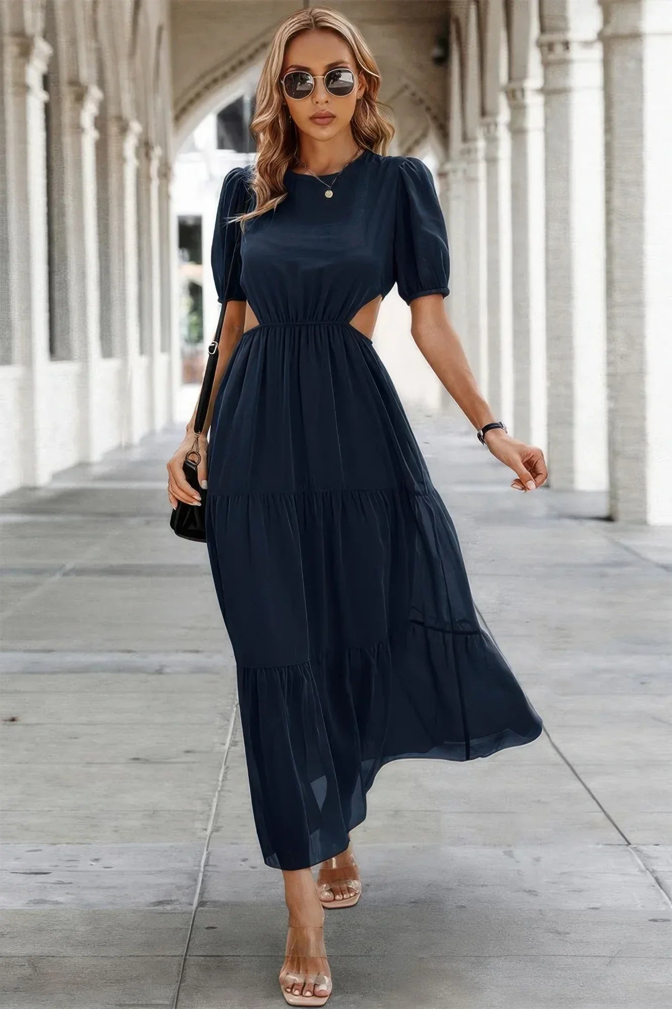 Cut Out Waist Ruffle Hem Puff Sleeves Fit Dress | Mixtshop LLC