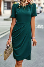 Ruched Color Block Solid Wrap Round Neck Dress | Mixtshop LLC