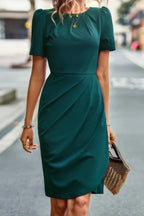 Ruched Color Block Solid Wrap Round Neck Dress | Mixtshop LLC