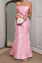 Solid Floral Jacquard Satin Prom Full Dress | Mixtshop LLC