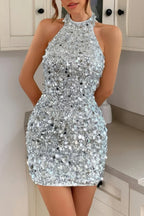 Sparkly Beaded Halter Bodycon Mini Dress | Mixtshop LLC