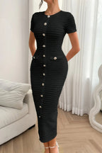 Solid Buckle Design Zipper Split Short Sleeve Dress | Mixtshop LLC