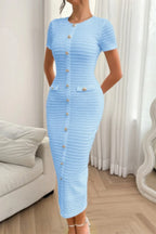 Solid Buckle Design Zipper Split Short Sleeve Dress | Mixtshop LLC