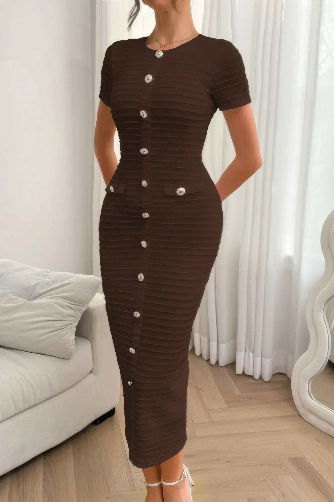 Solid Buckle Design Zipper Split Short Sleeve Dress | Mixtshop LLC
