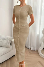 Solid Buckle Design Zipper Split Short Sleeve Dress | Mixtshop LLC