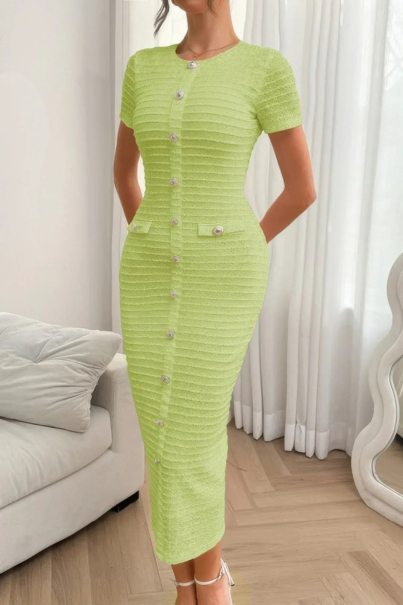 Solid Buckle Design Zipper Split Short Sleeve Dress | Mixtshop LLC