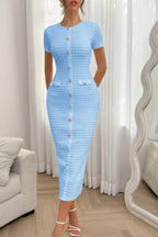 Solid Buckle Design Zipper Split Short Sleeve Dress | Mixtshop LLC