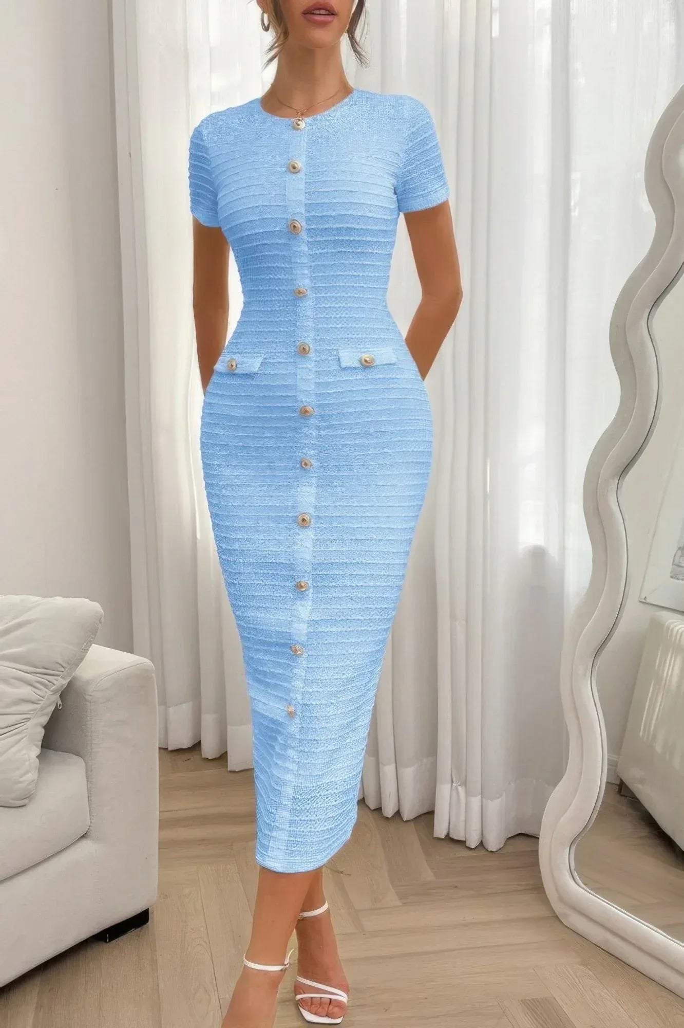 Solid Buckle Design Zipper Split Short Sleeve Dress | Mixtshop LLC
