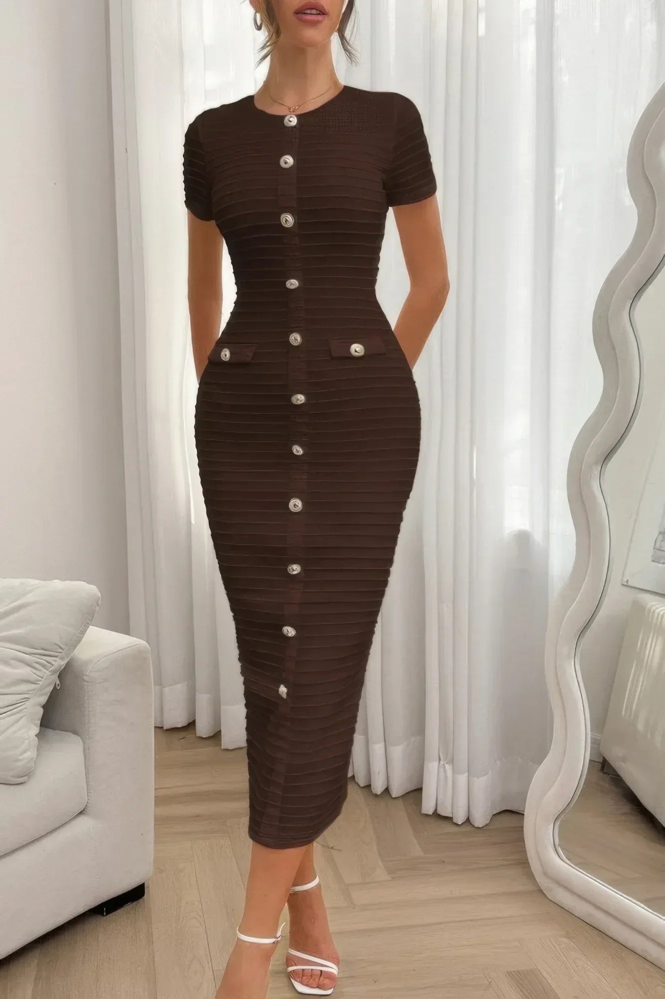 Solid Buckle Design Zipper Split Short Sleeve Dress | Mixtshop LLC