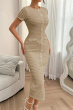 Solid Buckle Design Zipper Split Short Sleeve Dress | Mixtshop LLC