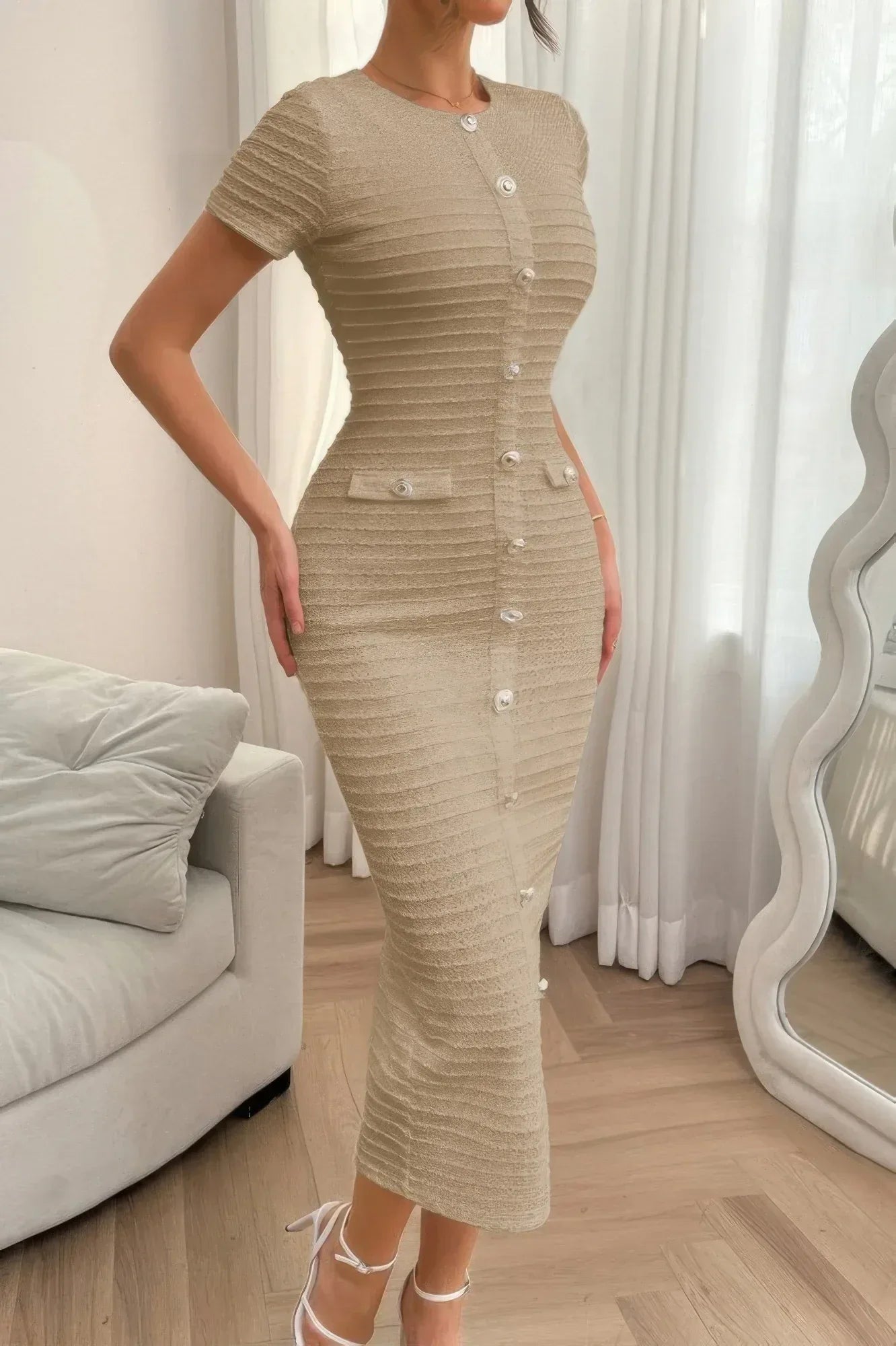 Solid Buckle Design Zipper Split Short Sleeve Dress | Mixtshop LLC