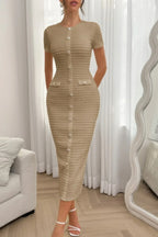 Solid Buckle Design Zipper Split Short Sleeve Dress | Mixtshop LLC