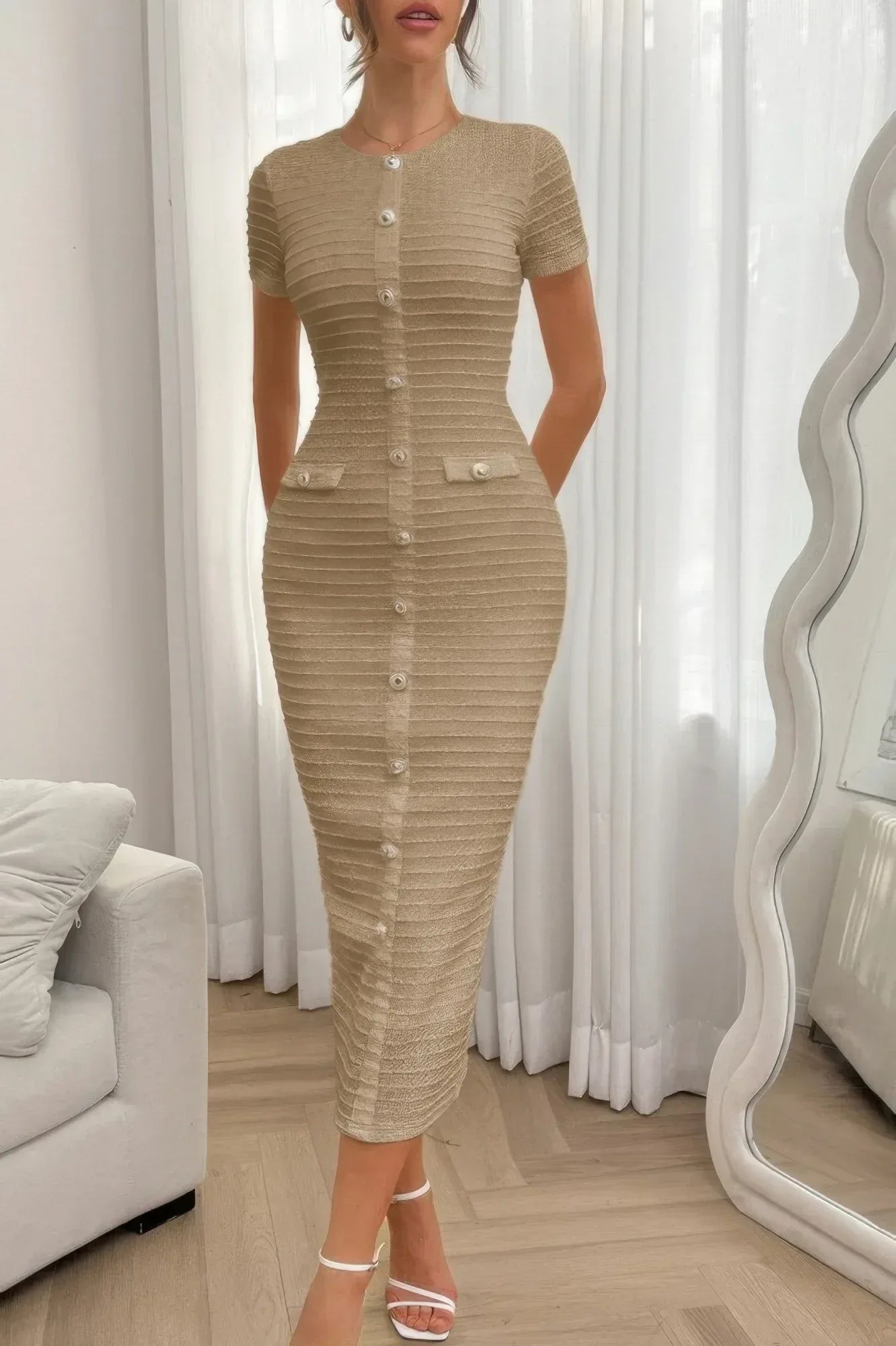 Solid Buckle Design Zipper Split Short Sleeve Dress | Mixtshop LLC