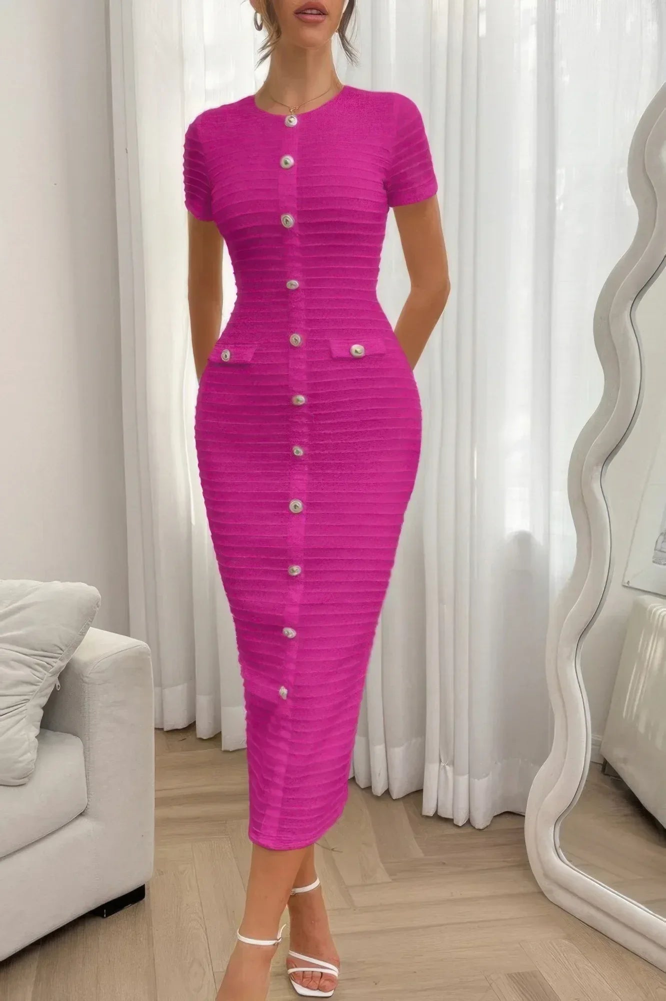 Solid Buckle Design Zipper Split Short Sleeve Dress | Mixtshop LLC