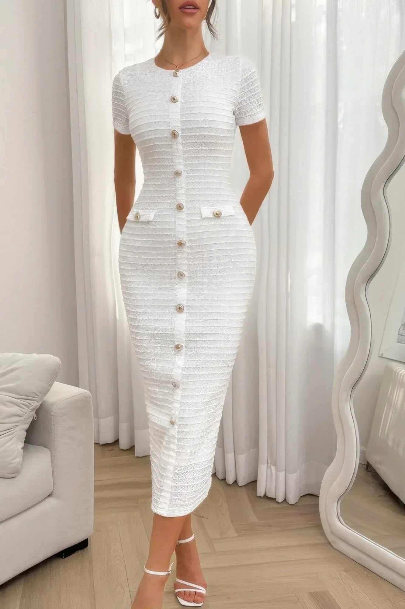 Solid Buckle Design Zipper Split Short Sleeve Dress | Mixtshop LLC