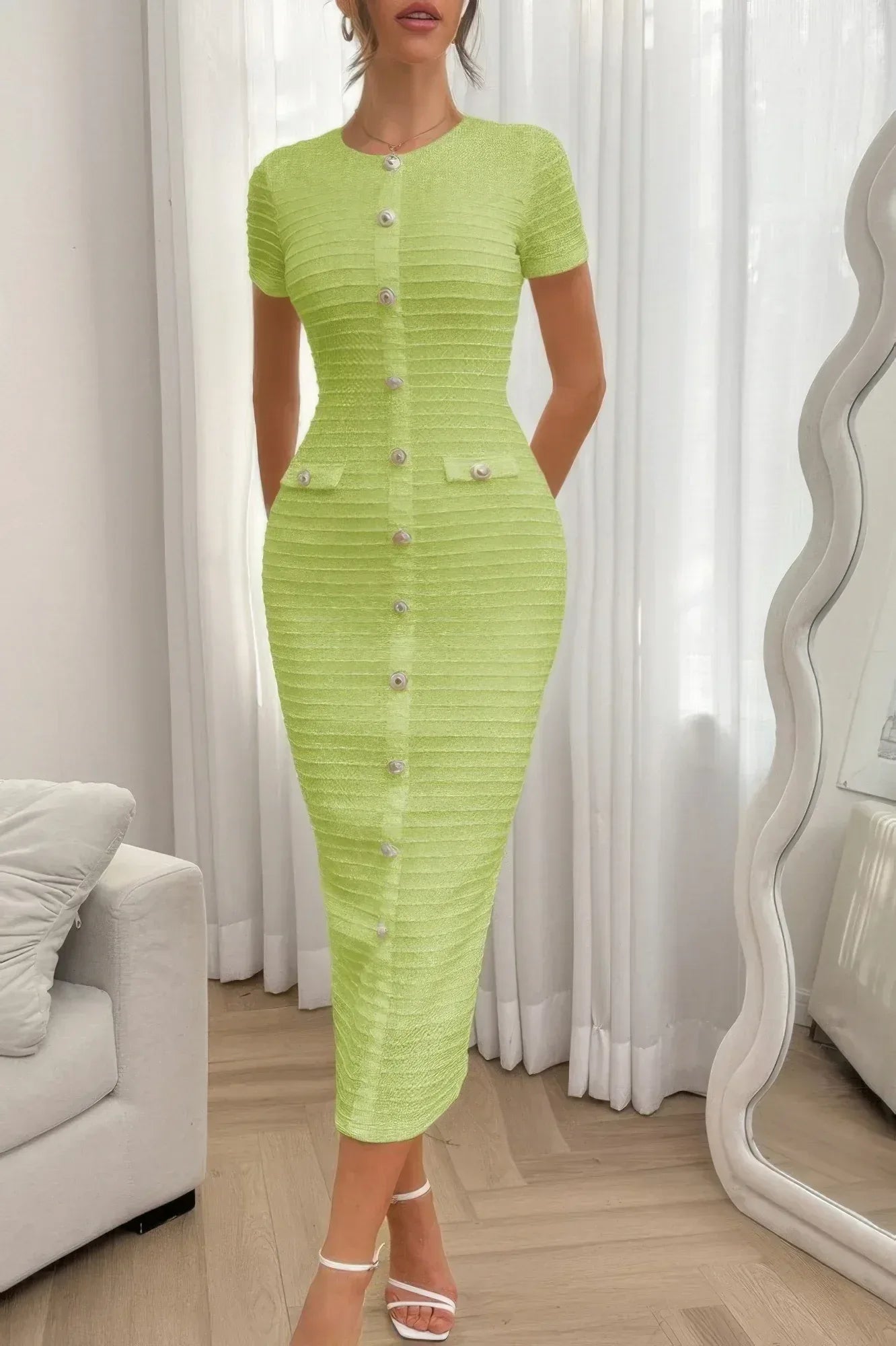Solid Buckle Design Zipper Split Short Sleeve Dress | Mixtshop LLC