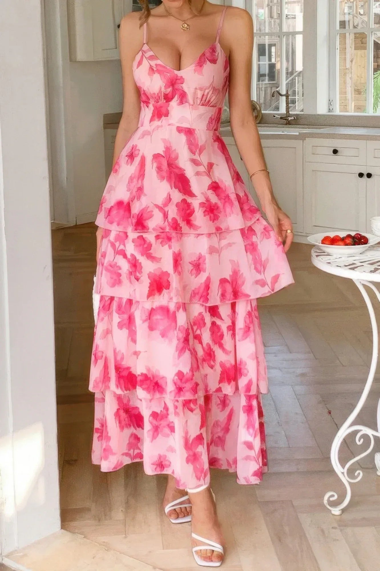 Straps Floral Print V Neck Patchwork Full Dress | Mixtshop LLC