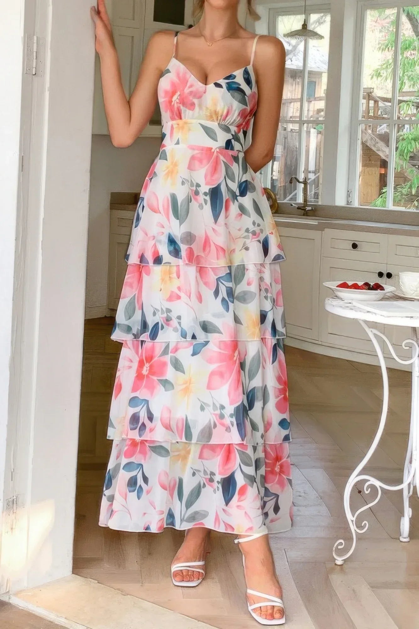 Straps Floral Print V Neck Patchwork Full Dress | Mixtshop LLC