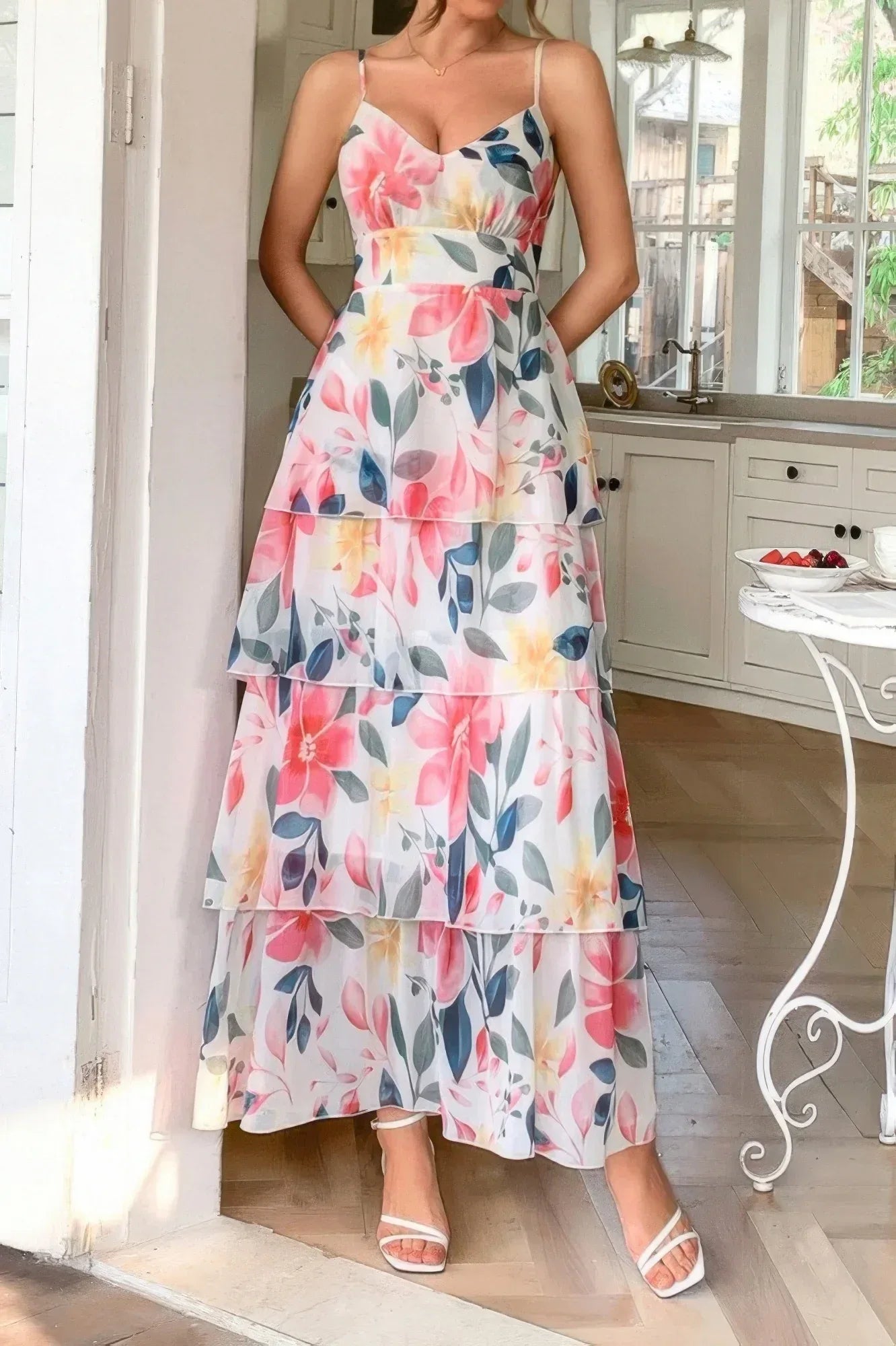 Straps Floral Print V Neck Patchwork Full Dress | Mixtshop LLC