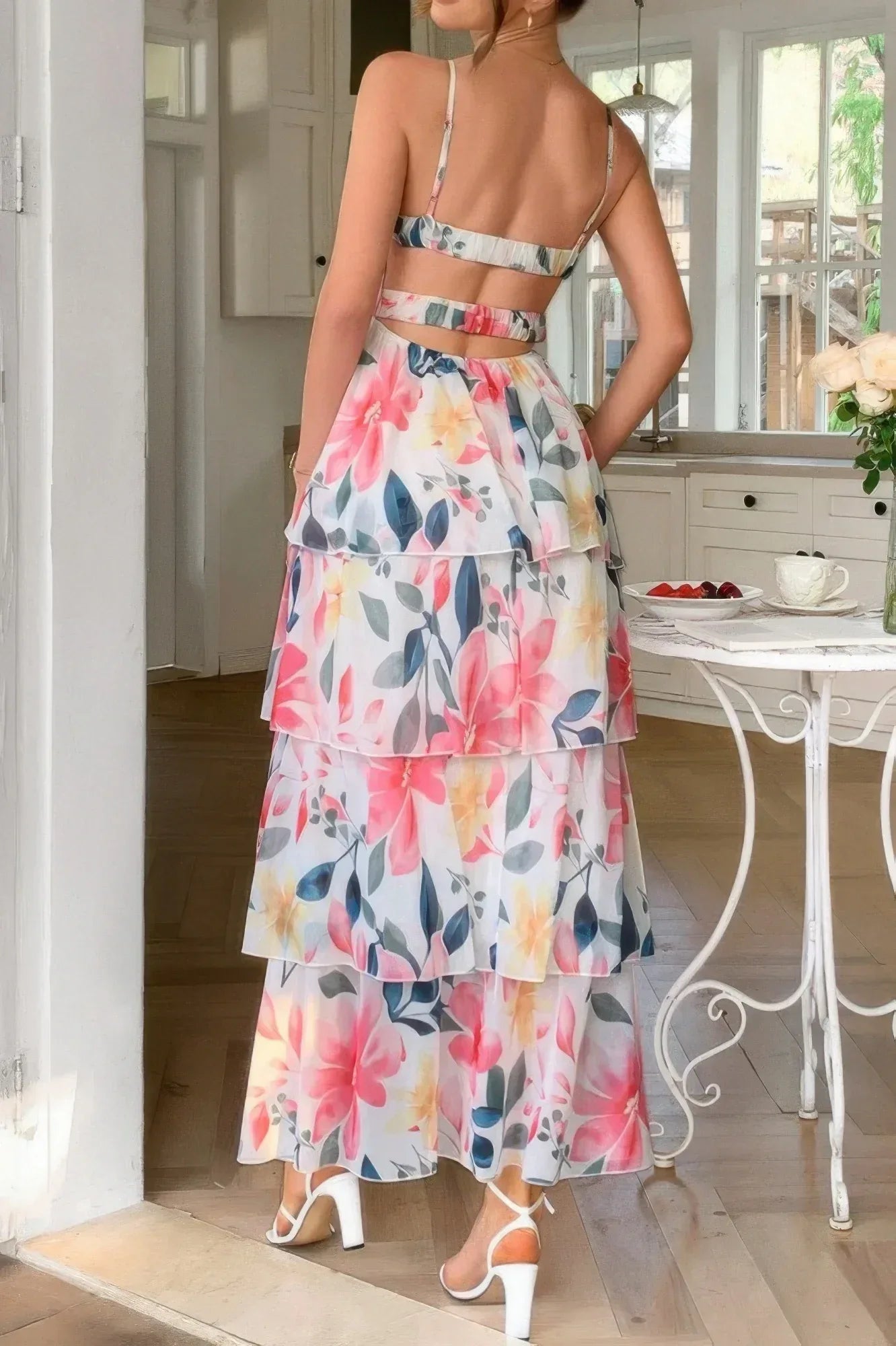 Straps Floral Print V Neck Patchwork Full Dress | Mixtshop LLC
