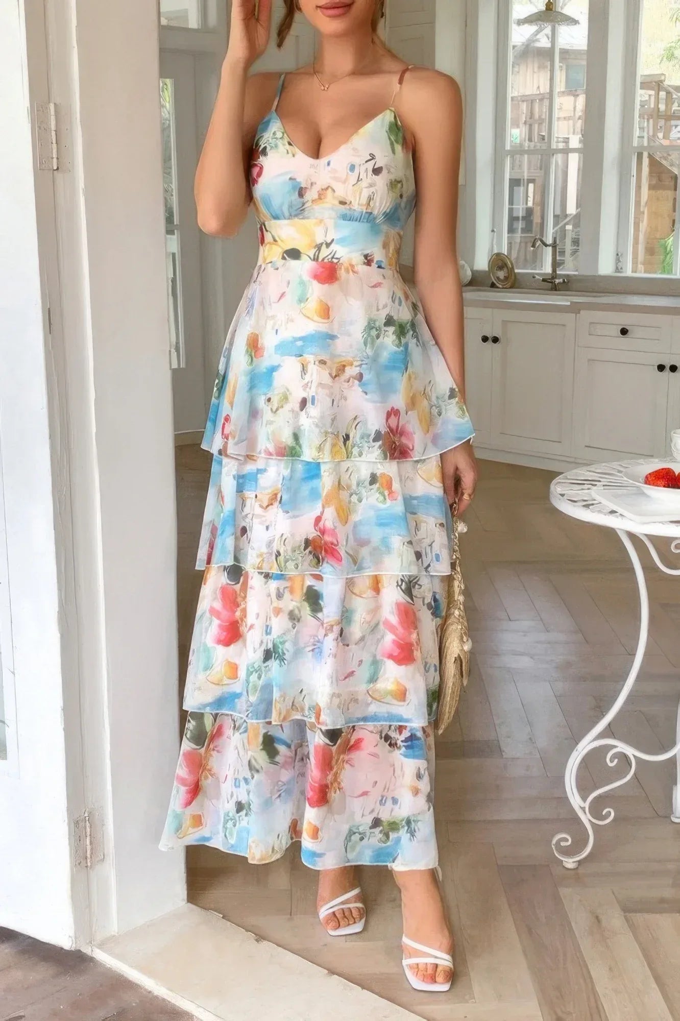 Straps Floral Print V Neck Patchwork Full Dress | Mixtshop LLC